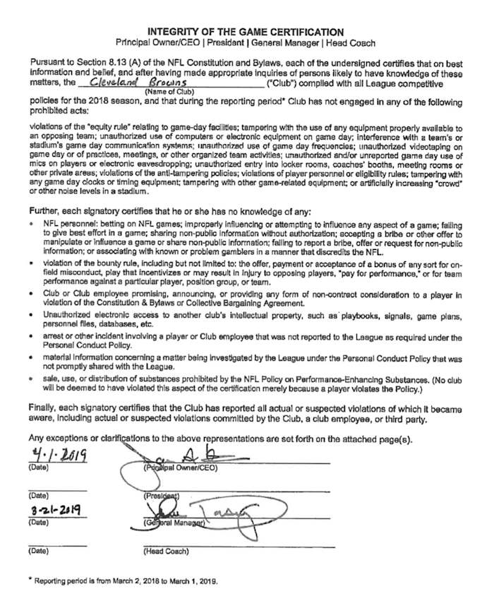 Following the 2018 season, Jackson refused to sign this standard NFL form, certifying that the Browns complied with all of the league's competitive policies that year.